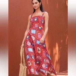 Loft sleeveless linen blend Colorful Patterned Maxi Dress red multi 14